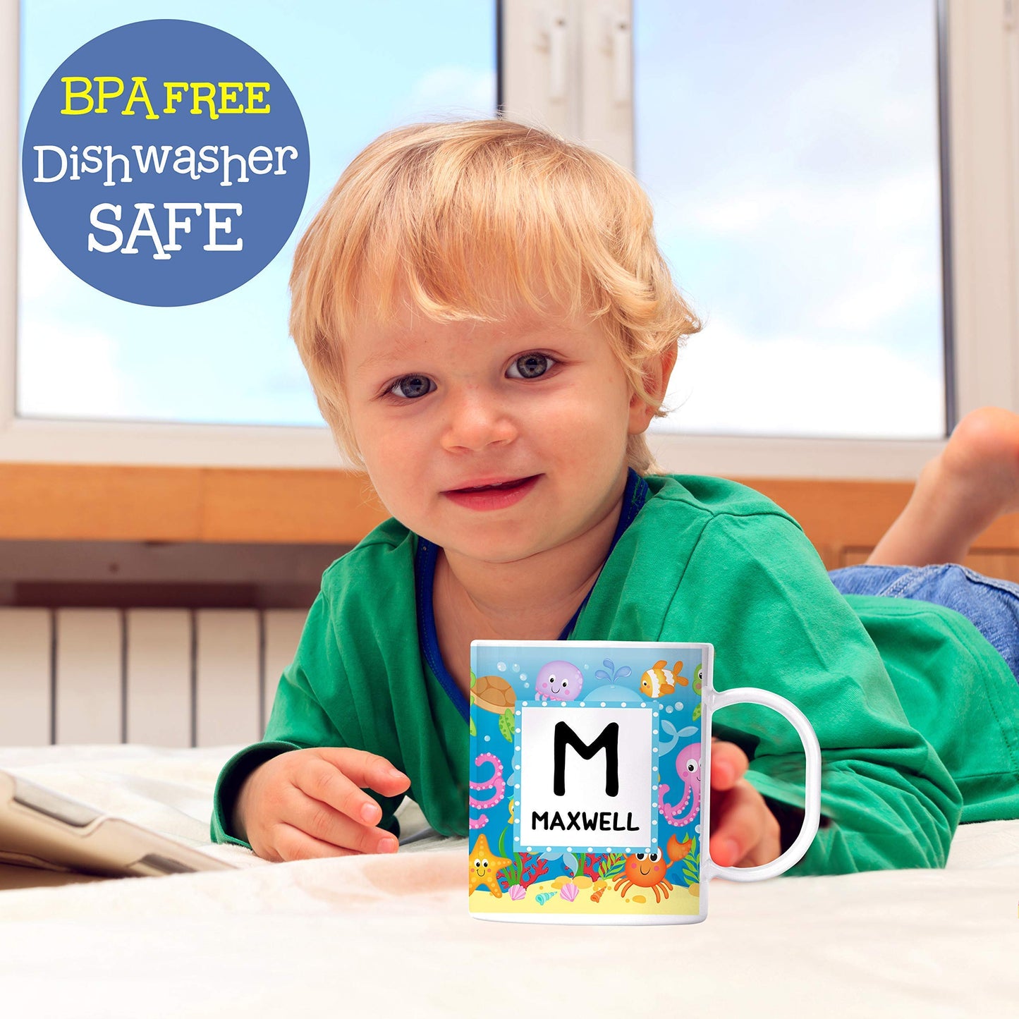 Personalized Undersea Kids Mug with Name and Initial, Lightweight Polymer