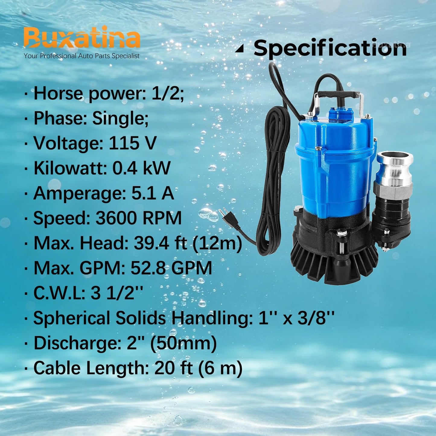 Buxatina 115V 1/2HP 52.8GPM 3600RPM Sludge Dewatering Pump Replacement for Allegro 9404-04 Sludge Pump for Pumping Standing Water containing Sand, Solids, Leaves or Debris