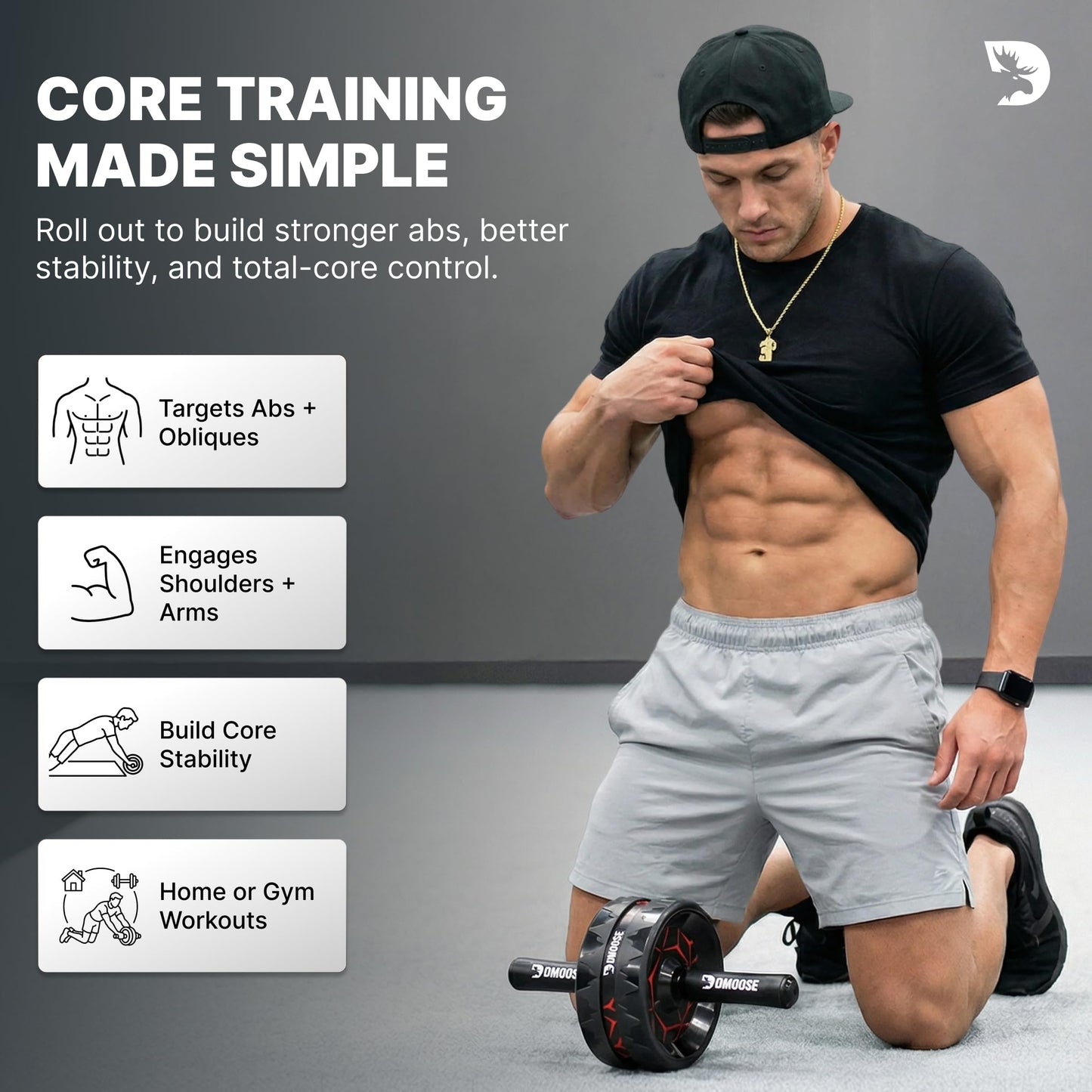 DMoose Fitness Ab Roller Wheel for Core Strength Training - 3.2 Inch Dual-Wheel Ab Wheel Roller, 440lb Stainless Steel Shaft, Non-Slip EVA Handles, Abdominal Workout Equipment for Home Gym Men & Women