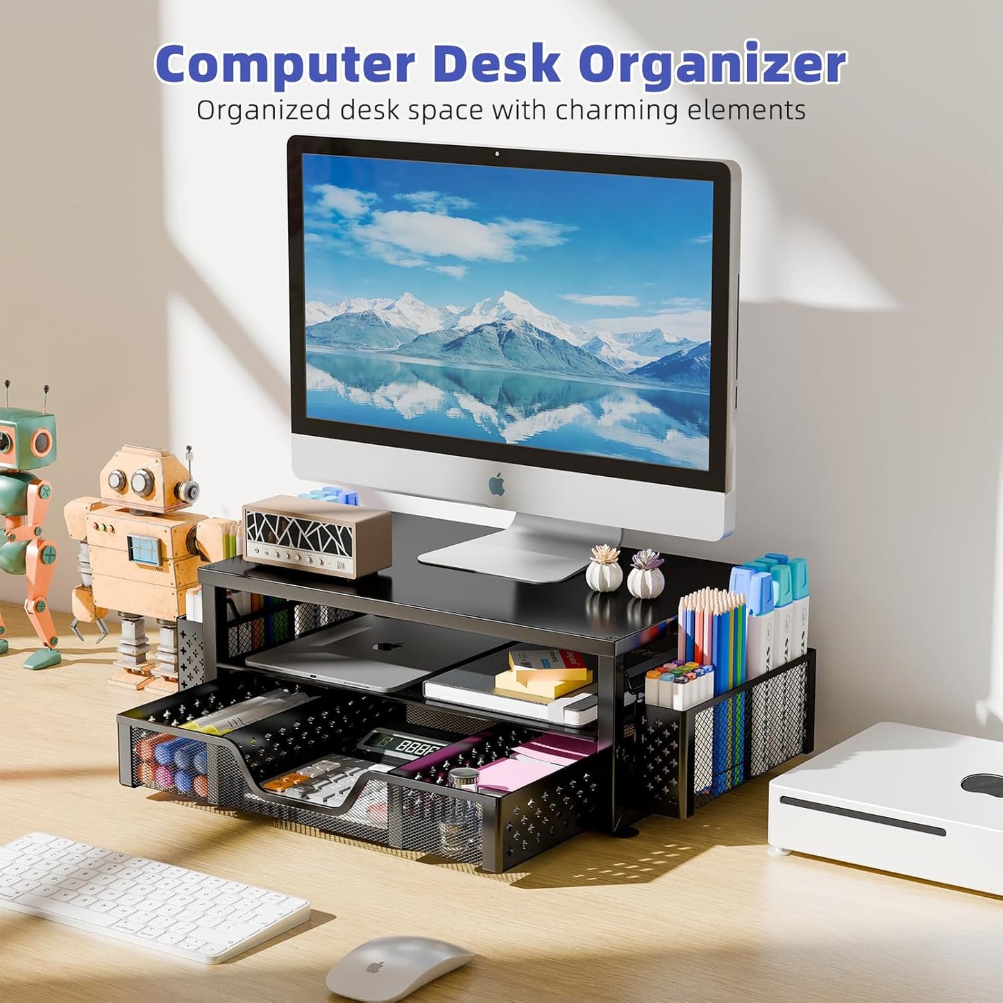 2-Tier 2 Simple Trending Desk Organizer and Accessories, Computer Monitor Stand Riser with Drawer and Pen Holders