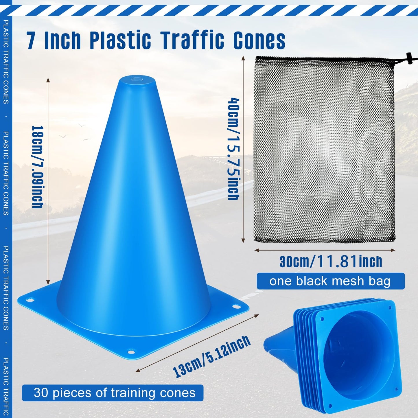 Syhood 30 Pack 7 Inch Plastic Traffic Cones Sports Training Agility Marker Mini Cones for Soccer, Skating, Football, Basketball, Indoor and Outdoor Games Sports Practice Equipment(Blue)