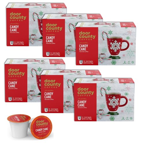 Door County Coffee | Candy Cane Holiday Flavored Ground Coffee - 60 Count Single Serve Cups - Medium Roast