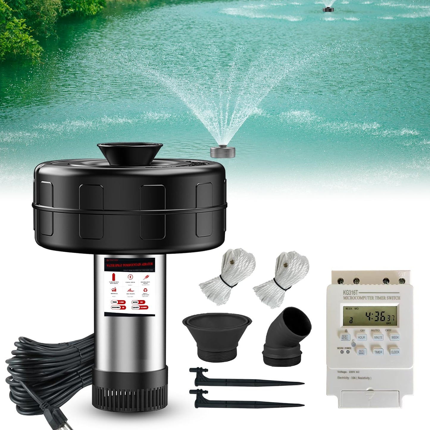 Pond Fountain Aerator, 1HP 110V 15000 GPH Fountain Pump,Stainless Steel Body, 15A/110V 100FT Power Cord, Multifunctional time Controller，200Ft Traction Rope, Aerator Pump for Ponds & Lakes