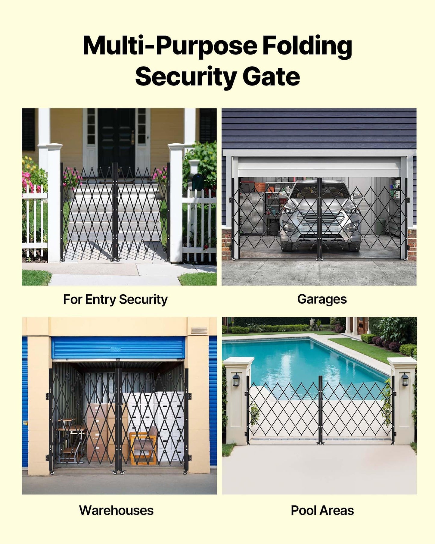 VEVOR Double Folding Security Gate, Lockable Scissor Gate with 360° Swivel Casters, Outdoor Barricade Steel Retractable Gates, for Entry Security, Garage, Warehouse & Pool, 125.98 x 63.19 in (W x H)