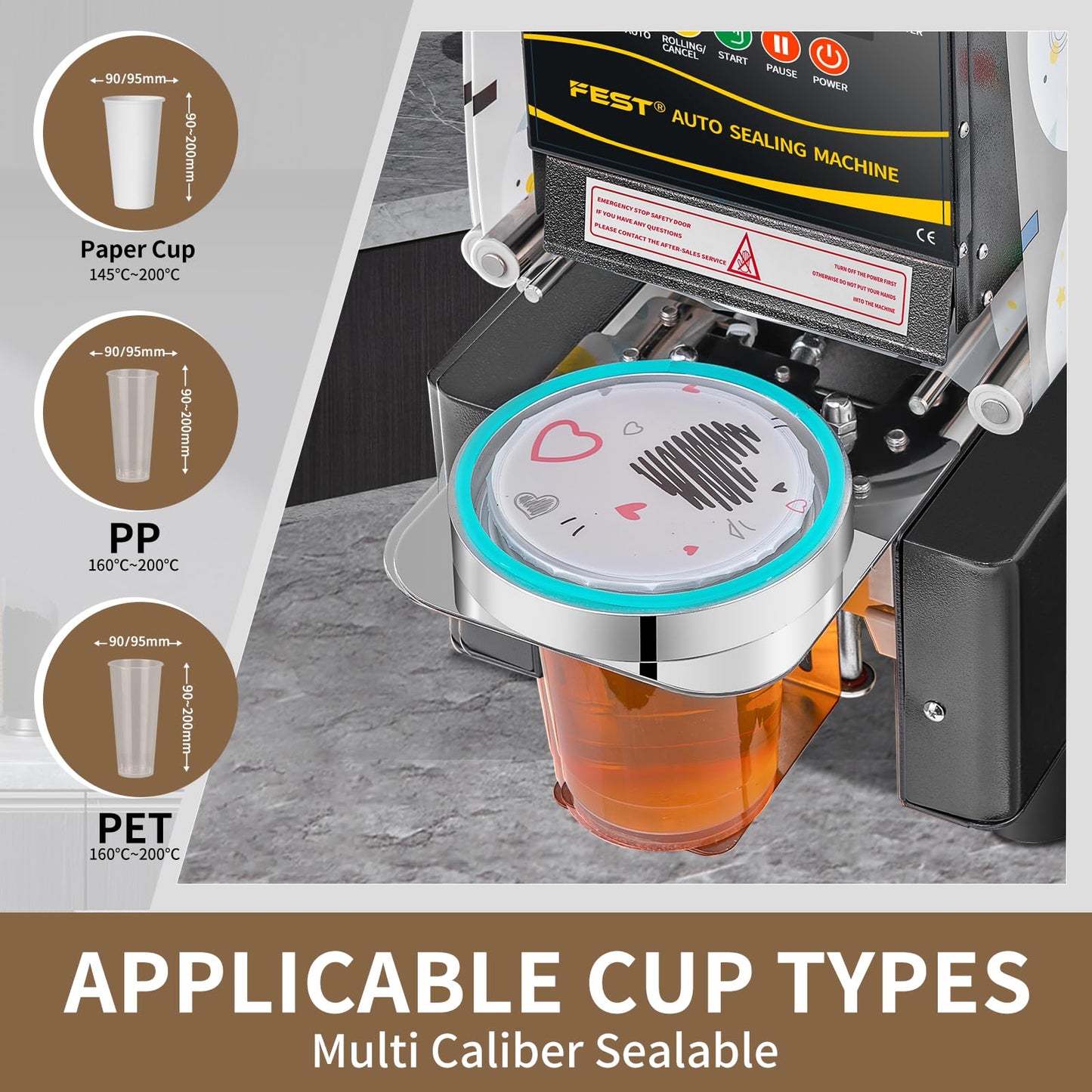 FEST Cup Sealing Machine, 90/95mm Caliber Cup Fully Automatic Sealer Machine with Digital Panel for Bubble Milk Tea Coffee Shop,Seals 550-650 Cups/H