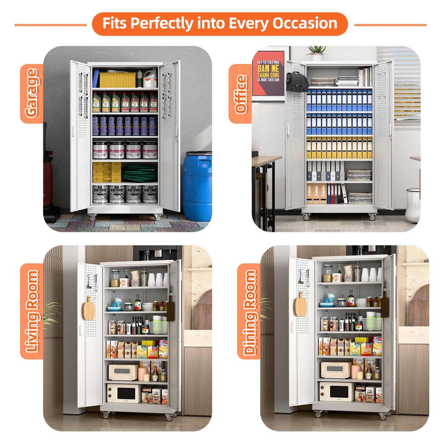 Aobabo Upgrade 71H''*34''W*18''D Metal Garage Storage Cabinet with Wheels and Pegboards, 5 Adjustable Shelves Steel Storage Cabinets for Home,Warehouse,Garage,Assembly Required,White