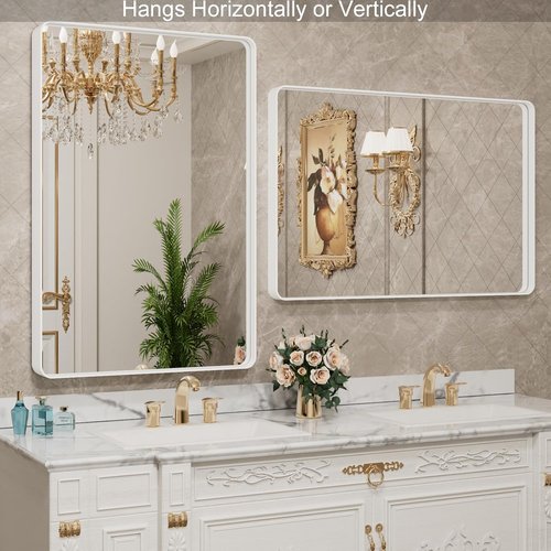 LOAAO Bathroom Mirror - 40x32 Inch White Metal Framed Vanity Mirror | Large Rounded Rectangle, Anti-Rust, Tempered Glass