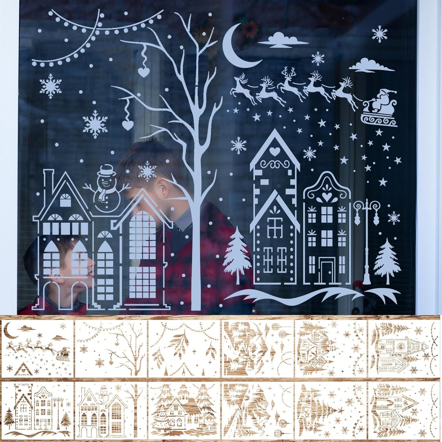 Skiennix 12 Pcs Christmas Stencils - Large Reusable Holiday Templates for DIY Window Decor | 13.78 x 11 Inch