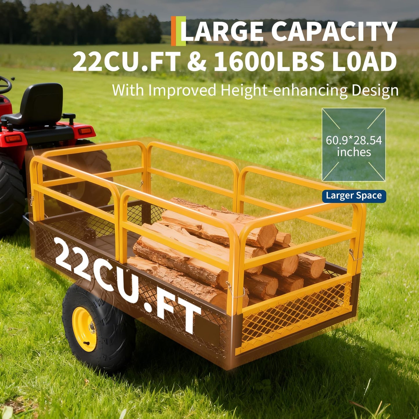 Garvee ATV UTV Trailer Tow Behind Dump Cart, 1600Lbs 22 Cubic Feet, Heavy Duty Yard Garden Trailer Pull Behind Dump Trailer for Lawn Mower Tractor