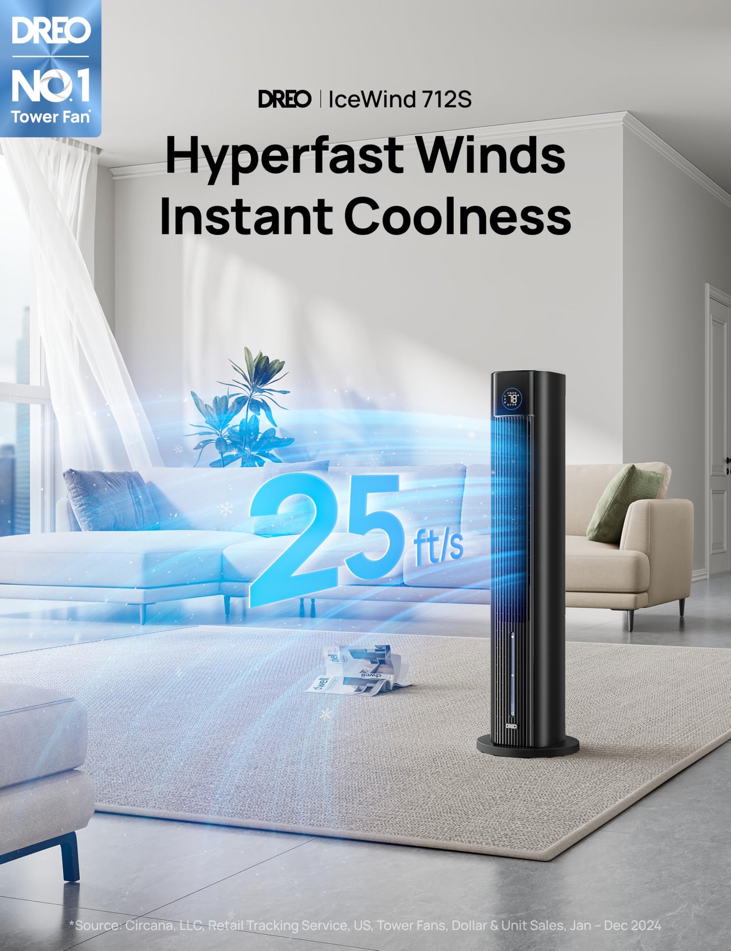 DREO Evaporative Air Swamp Cooler, 43" Cooling Fans that Blow Cold Air 2025 Upgraded, 85° Oscillating Floor Fan for Bedroom, Easy Cleaning, APP Control, Ice Packs, 4 Speeds & 4 Modes, 12H Timer, Black