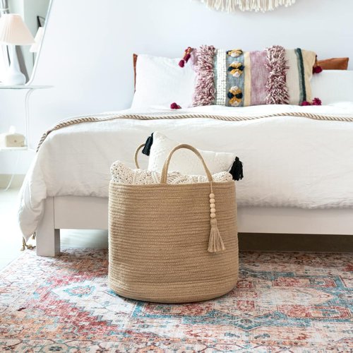 Mkono Woven Storage Basket - Natural Rope Organizer with Wooden Bead Decor | 16" W × 13.8" L for Blankets, Toys, and More