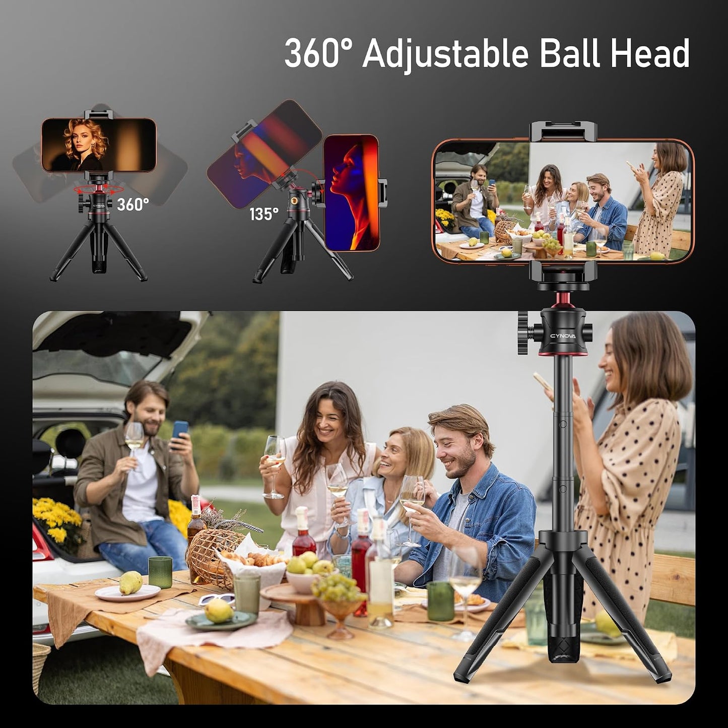 CYNOVA 3-in-1 Mini Extension Pole Tripod with Phone Holder, Handheld Tripod Selfie Stick, All-in-One Kit