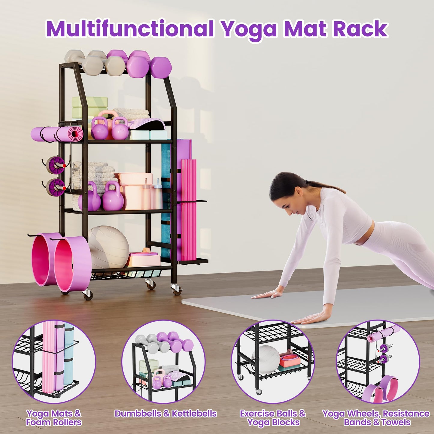 Homeiju Dumbbell Rack, 4 Tier Weight Rack for Home Gym, Yoga Mat Storage Holder with Lockable Wheels, Dumbbell Stand with Hooks, All in One Work out Equipment Storage for Yoga Mat Dumbbell and Balls
