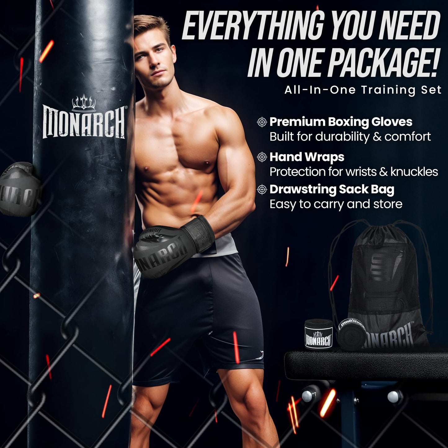 Boxing Gloves Set with Hand Wraps for Men Women, Multi Layer EVA Foam Thumb Lock Wide Wrist Strap for Muay Thai, Kickboxing, Punching Bag - 16 OZ