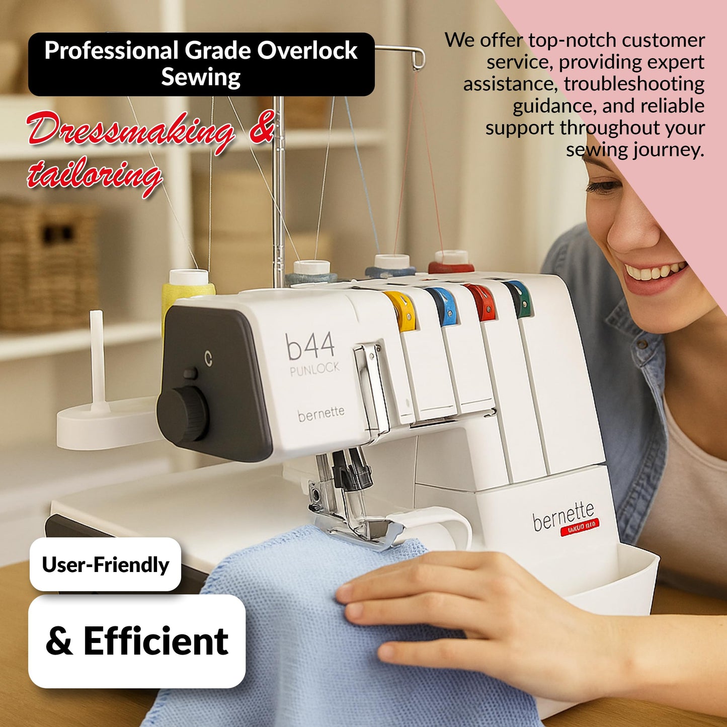 Bernette B44 Funlock Serger Overlock Machine with 2/3/4 Thread Capability, Differential Feed, and Color-Coded Threading