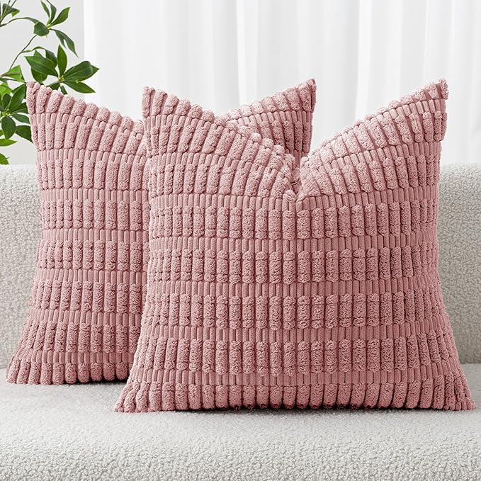 MIULEE Pack of 2 Corduroy Decorative Euro Throw Pillow Covers 24x24 Inch Soft Boho Striped Pillow Covers Modern Farmhouse Home Decor for Sofa Living Room Couch Bed Blush Pink Spring Valentine Decor