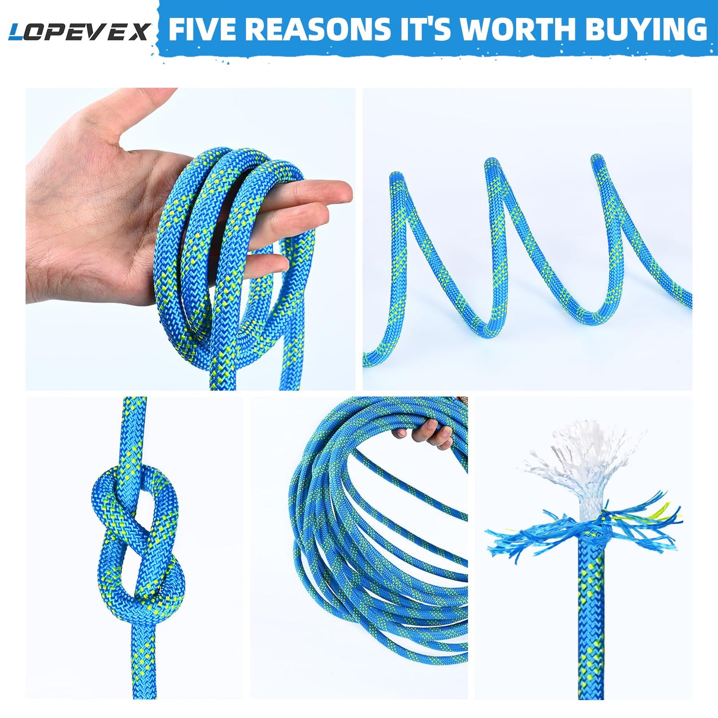 Lopevex 1/2 Inch Static Climbing Rope (100 Ft) - 9000lbs High Strength Arborist Bull Rope for Tree Work, Safety Rescue & Rigging - 48 Strand Core, Blue