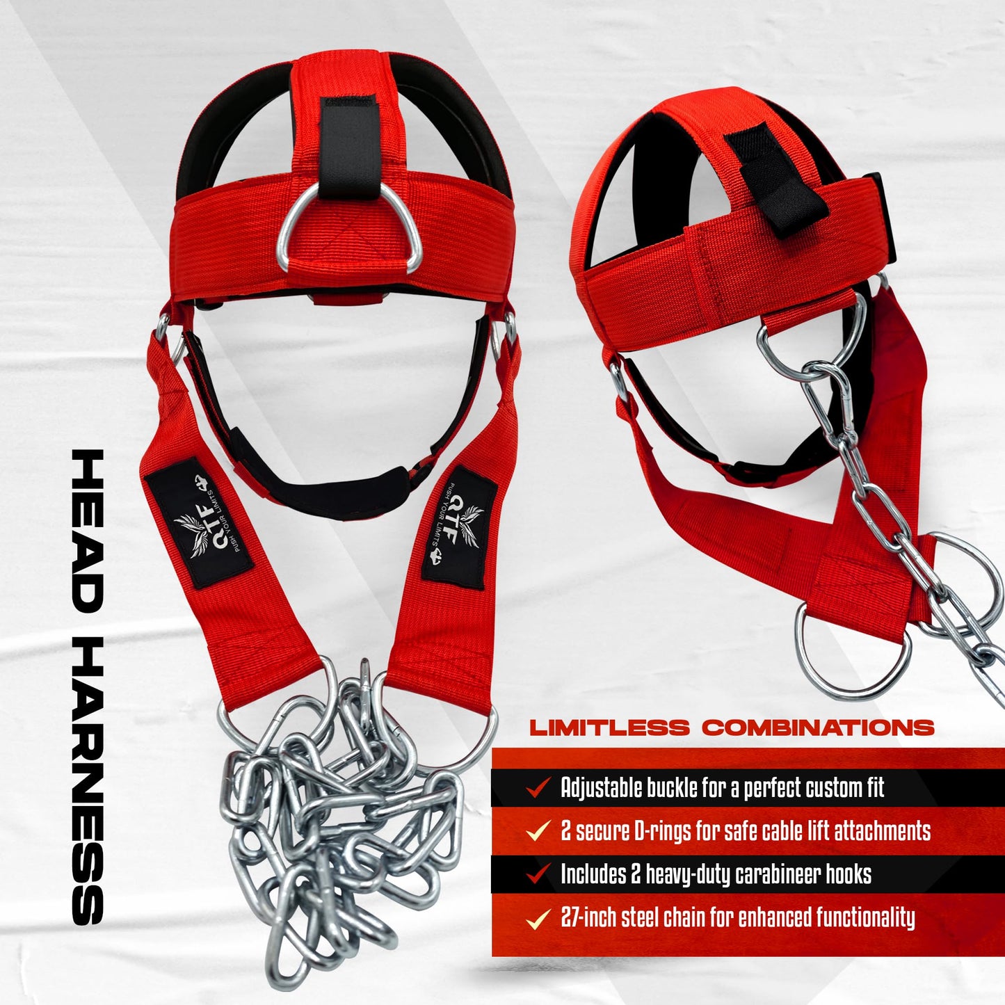QTF Neck Harness Weight Lifting Training, Neck Builder Thick Neoprene Padded Adjustable Chin & Head Strap, Neck Workout Head Harness Heavy Duty Steel Chain (Red)
