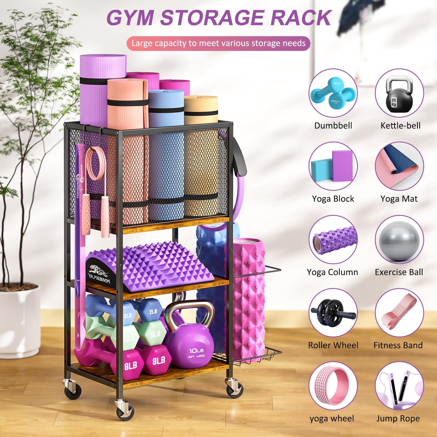 3 Tier Dumbbell Rack, Yoga Mat Storage Holder, Home Gym Storage Rack, Workout Equipment Storage Organizer, Weight Storage Holder Rack with Hooks and Wheels