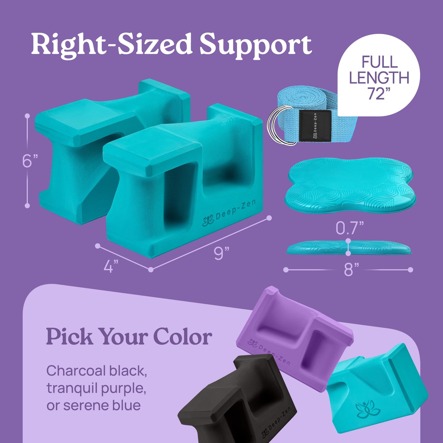 Deep-Zen PRO Yoga Blocks | Ergonomic Yoga Block 2 Pack for Wrist Comfort and Support | EVA Foam Exercise Blocks, 2x Knee Pads & Yoga Strap | Pilates Block Set | Bricks to Eliminate Wrist Pain (Blue)