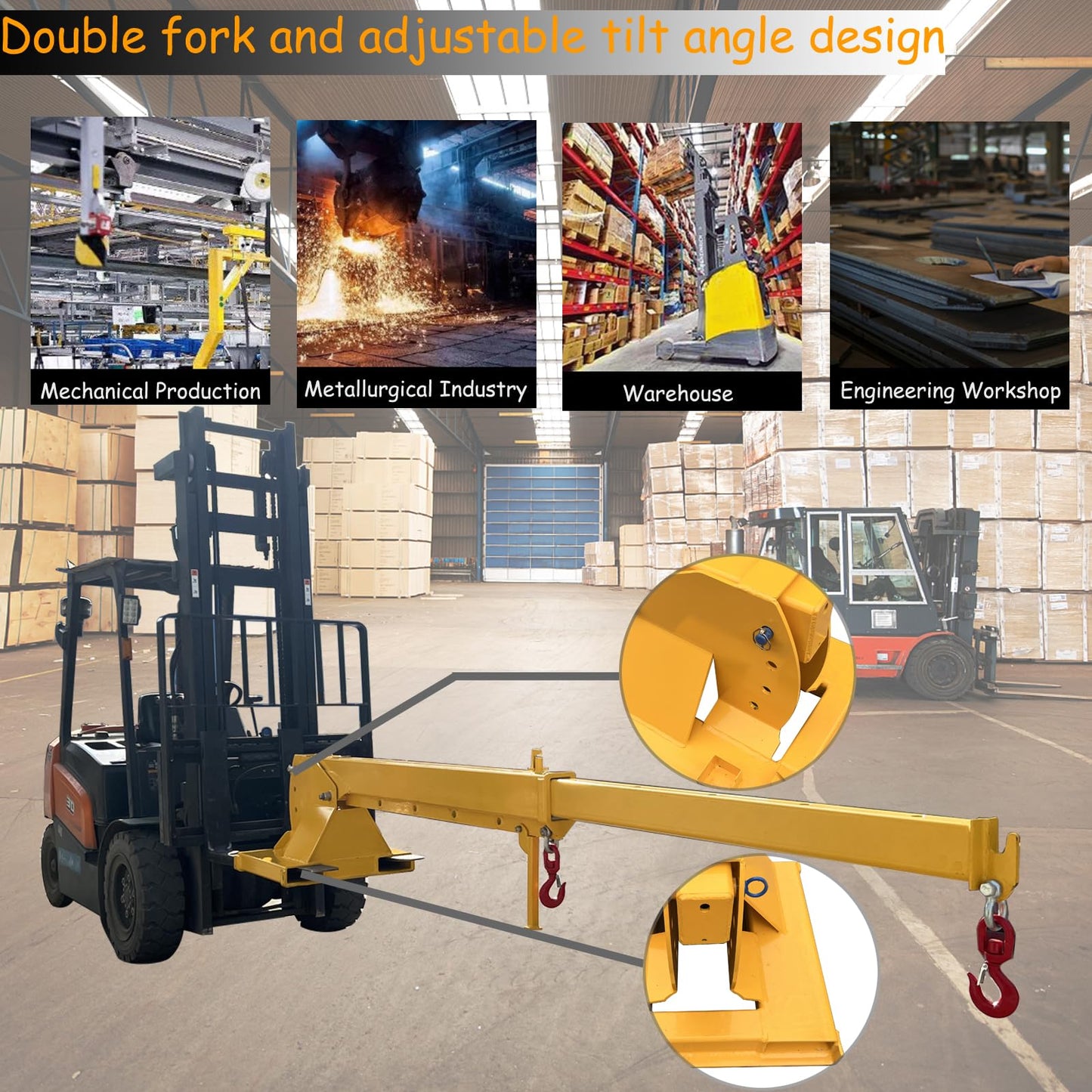 TECHTONGDA 2T/4400LB Forklift Jib Boom Crane Attachment with 0-75 Adjustable Tilt Angle, Two Swivel Hooks, Forklift Mobile Crane, Manual Telescoping Boom 7-12ft for Warehouse & Factories