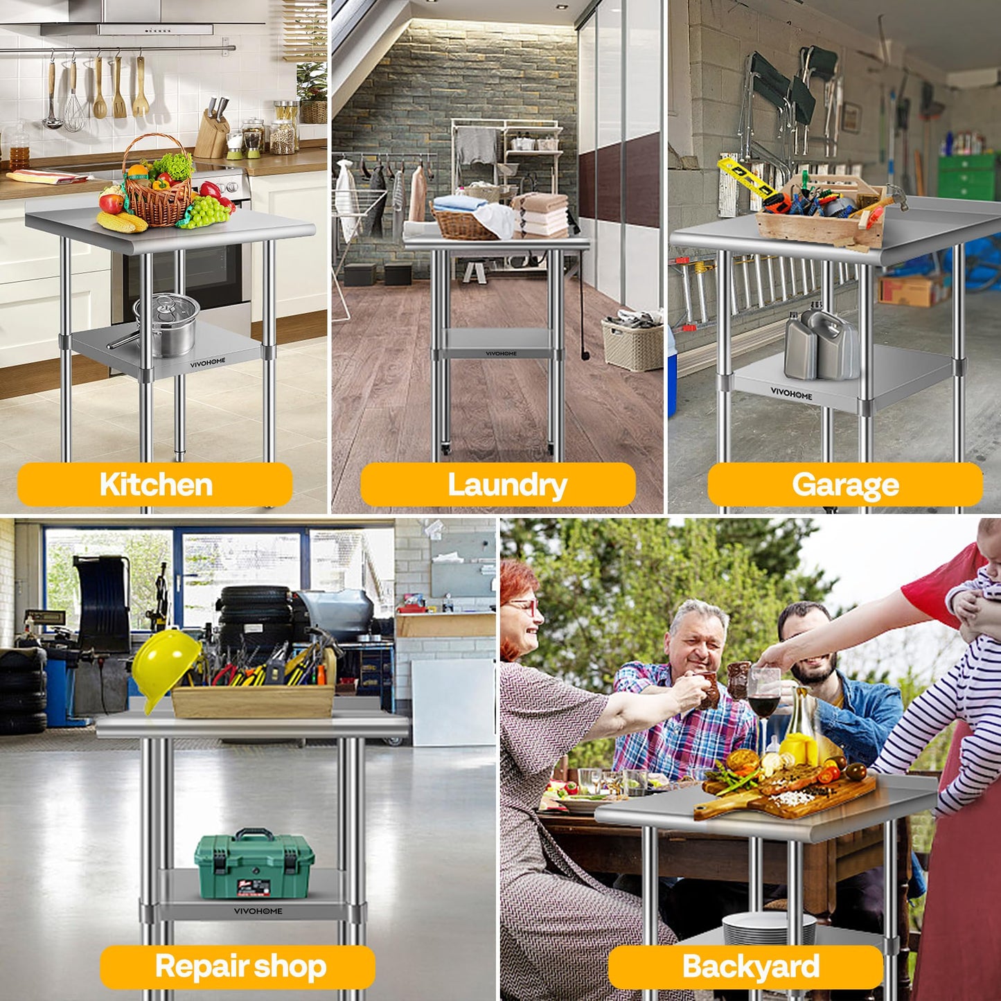 VIVOHOME 24 x 24 Inch Stainless Steel Work Table with Backsplash, Prep Commercial Table with Wheels for Restaurant, Hotel, Home and Warehouse