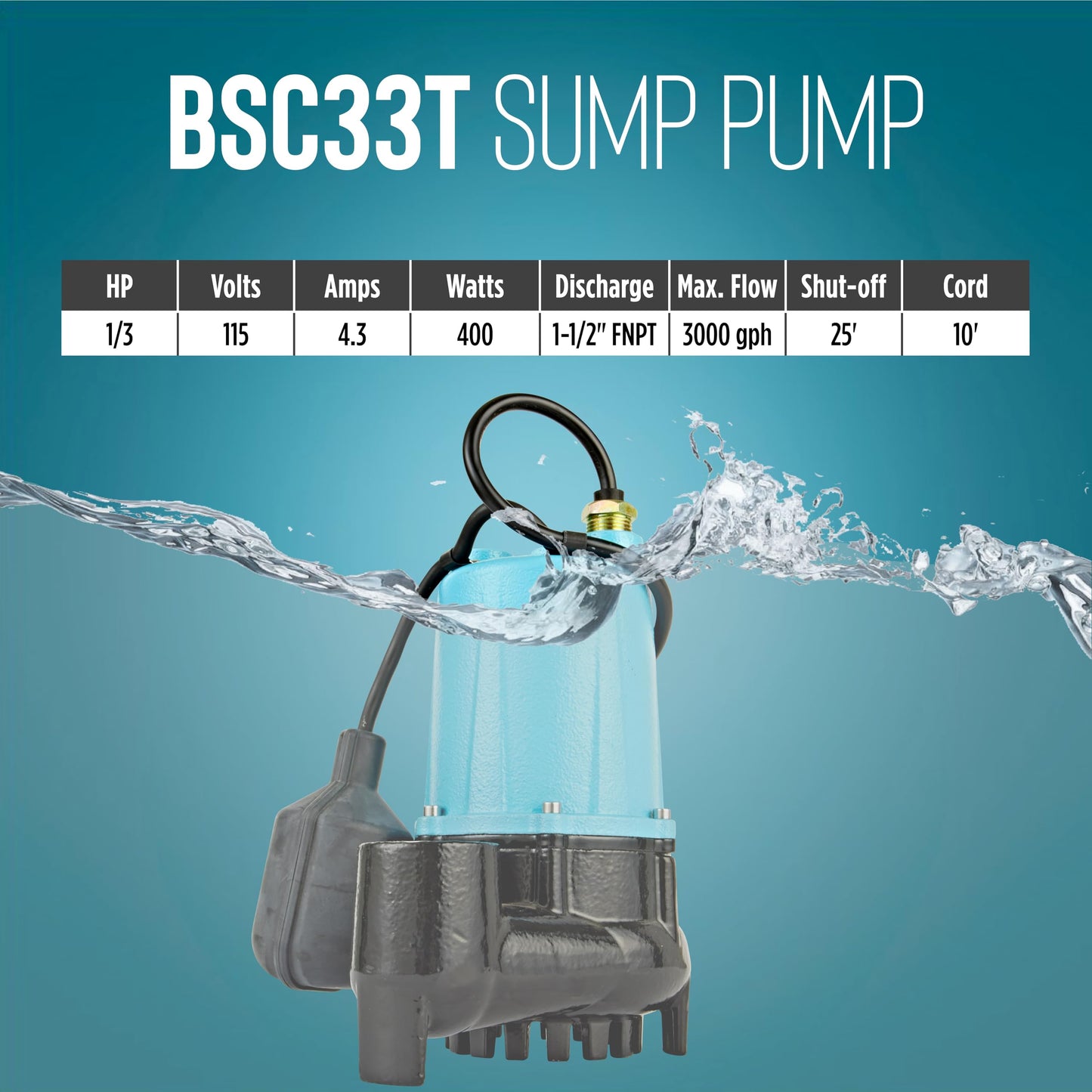 Little Giant BSC33T 1/3 HP, 115 Volt, 3000 GPH Automatic Submersible Cast Iron Sump/Effluent Pump with Piggy-back Tethered Float Switch and 10-Ft. Cord, Blue, 506255