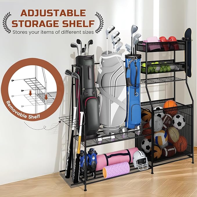 Garage Sports Equipment Organizer,3 Golf Bags Storage Stand,Heavy-Duty Ball Storage Rack with Basket and Hooks,Space-Saving Design for Toy Sports Gear Storage Indoor/Outdoor Use (Black)