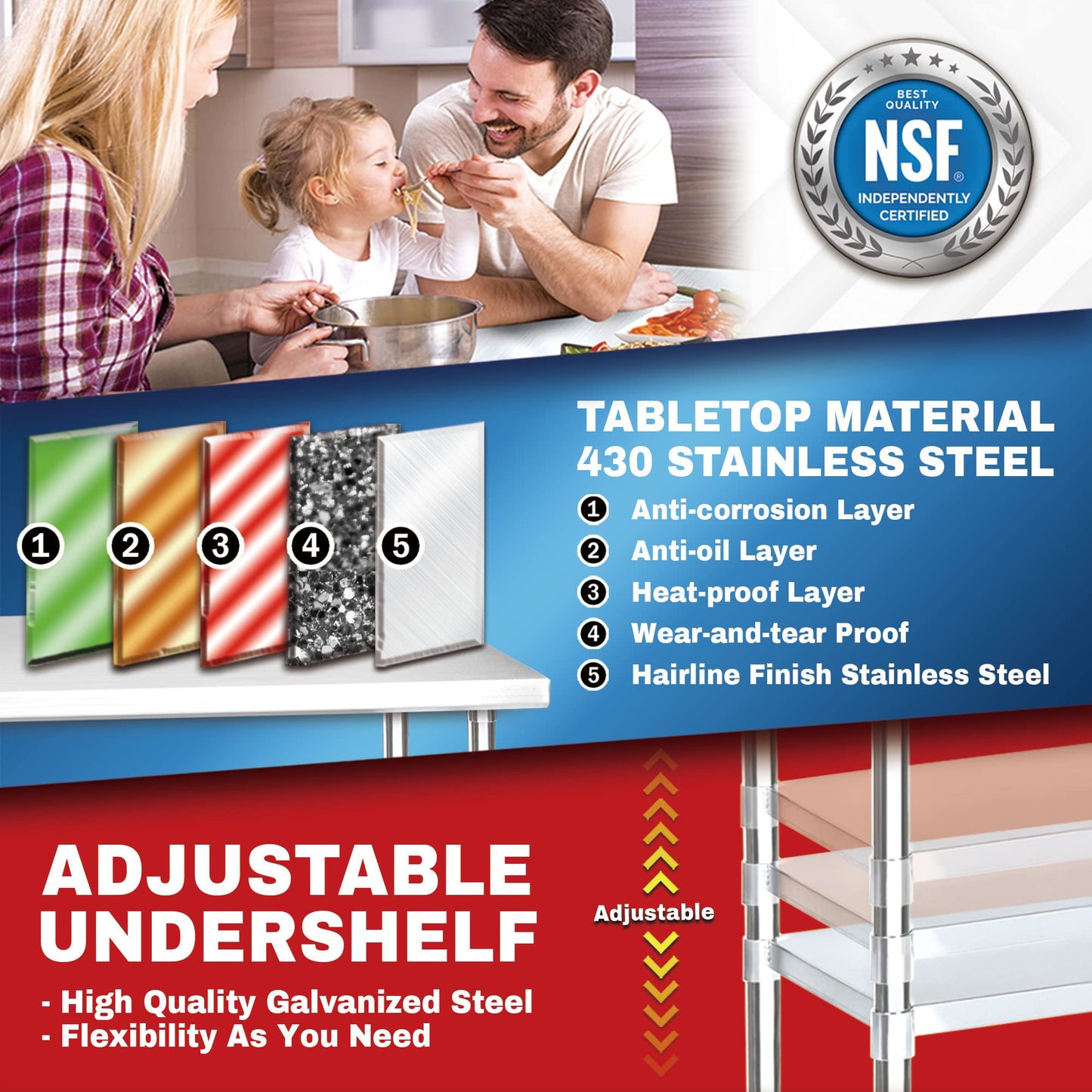 DuraSteel 24x72 Stainless Steel Work Table - NSF Commercial Prep Metal Table w/Adjustable Under Shelf - Kitchen Outdoor Pizza Oven Stand, Garage Workbench, Laundry Utility Worktable - 350 lb Capacity