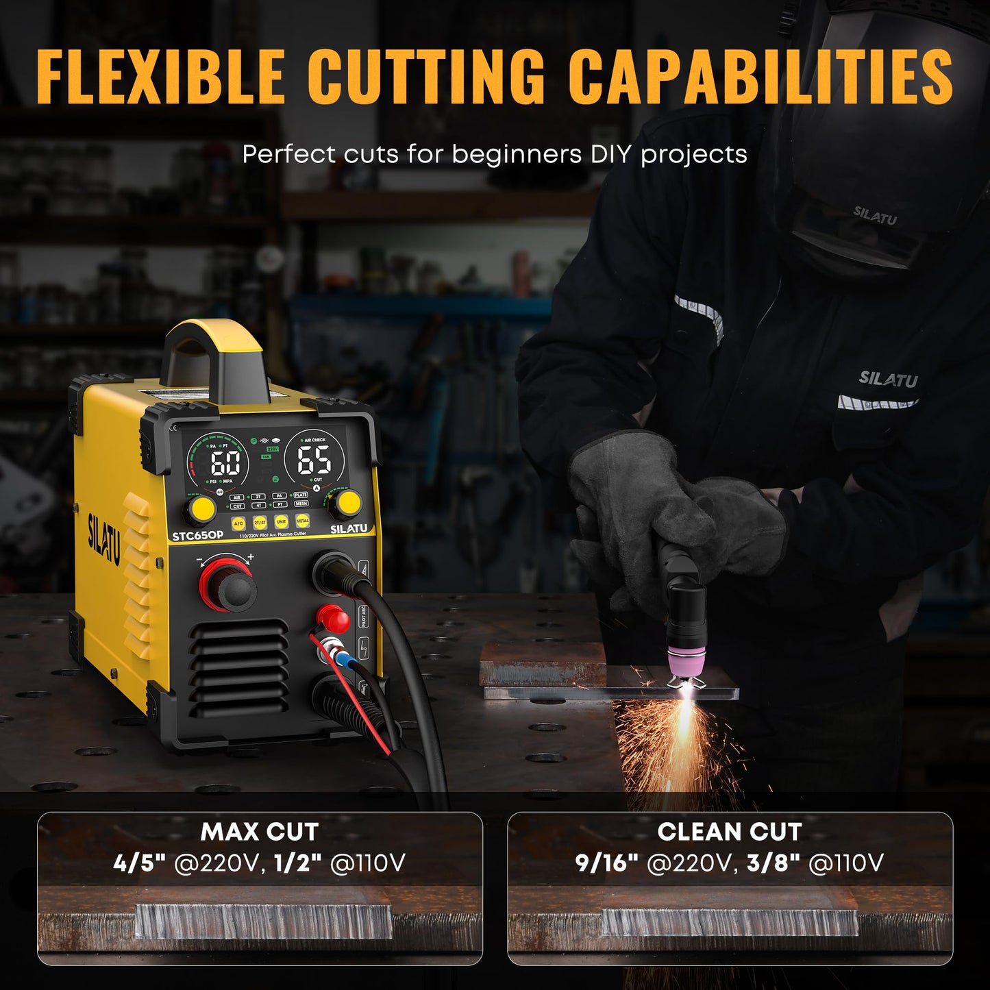 SILATU 65Amps Plasma Cutter, STC650P HF Non-Touch Pilot Arc Plasma Cutter Machine, 110/220V Dual Voltage Air Sensor Technology Large LED Display, 20mm Max Cutting thickness, PT/2T/4T for Beginners DIY