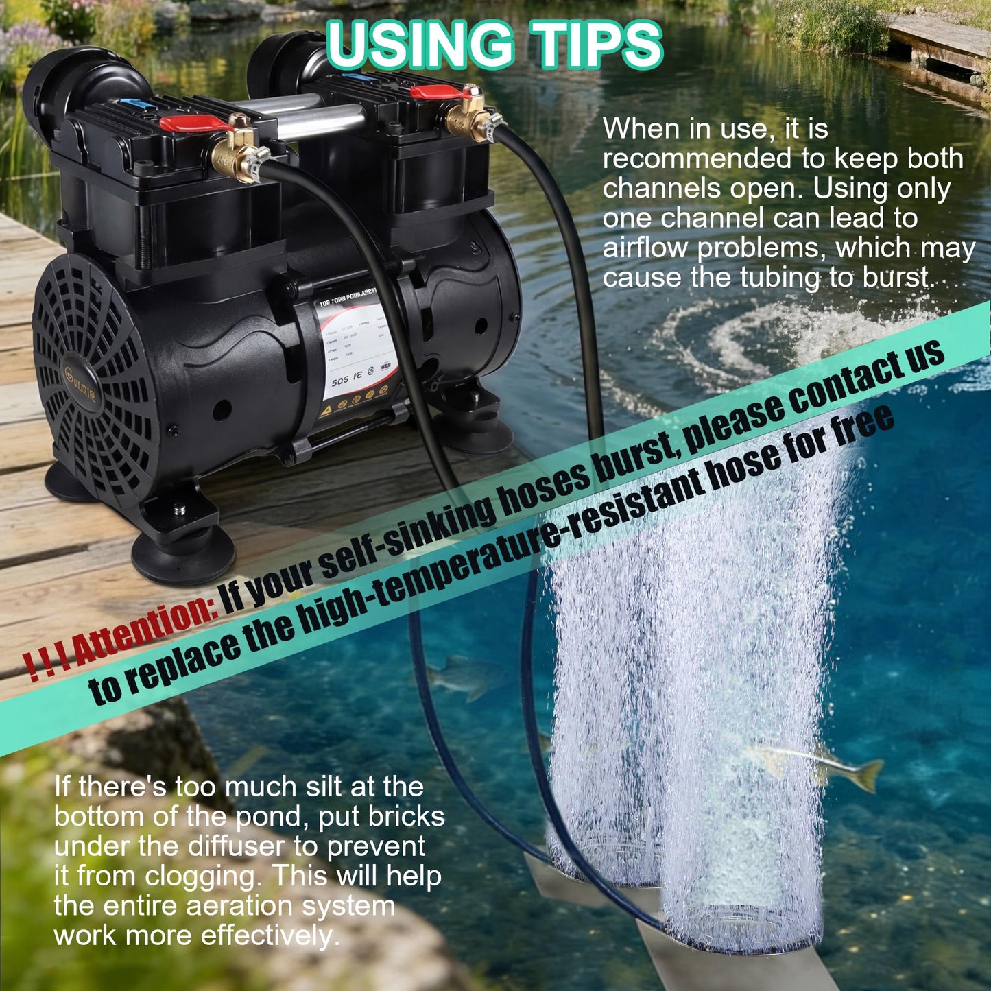 Goldlife A2 Pond Aerator, 7CFM Pond Aeration System for Up to 5 Acre Lake,110V/120V 1HP 750W Compressor & 2 Self-sinking Hoses 100FT & 2 Diffusers & Timer & 16FT Tube, Air Pump for Water Circulation