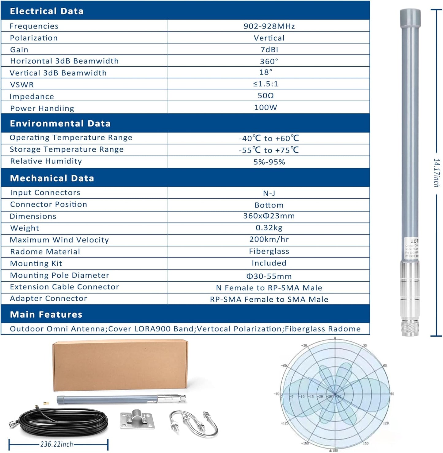 Generic 915MHz 20 ZDTECH LoRa Gateway Antenna Omni Directional Fiberglass Antenna Outdoor Indoor LoRawan Ant with ft N