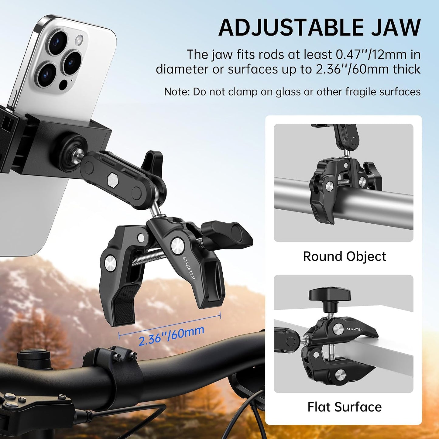 ATUMTEK 1/4" 3/8" 360 GoPro/Insta360/INSTAX/DJI Super Camera Clamp Mount with and Threads, Dual Ballhead Magic Arm Ball