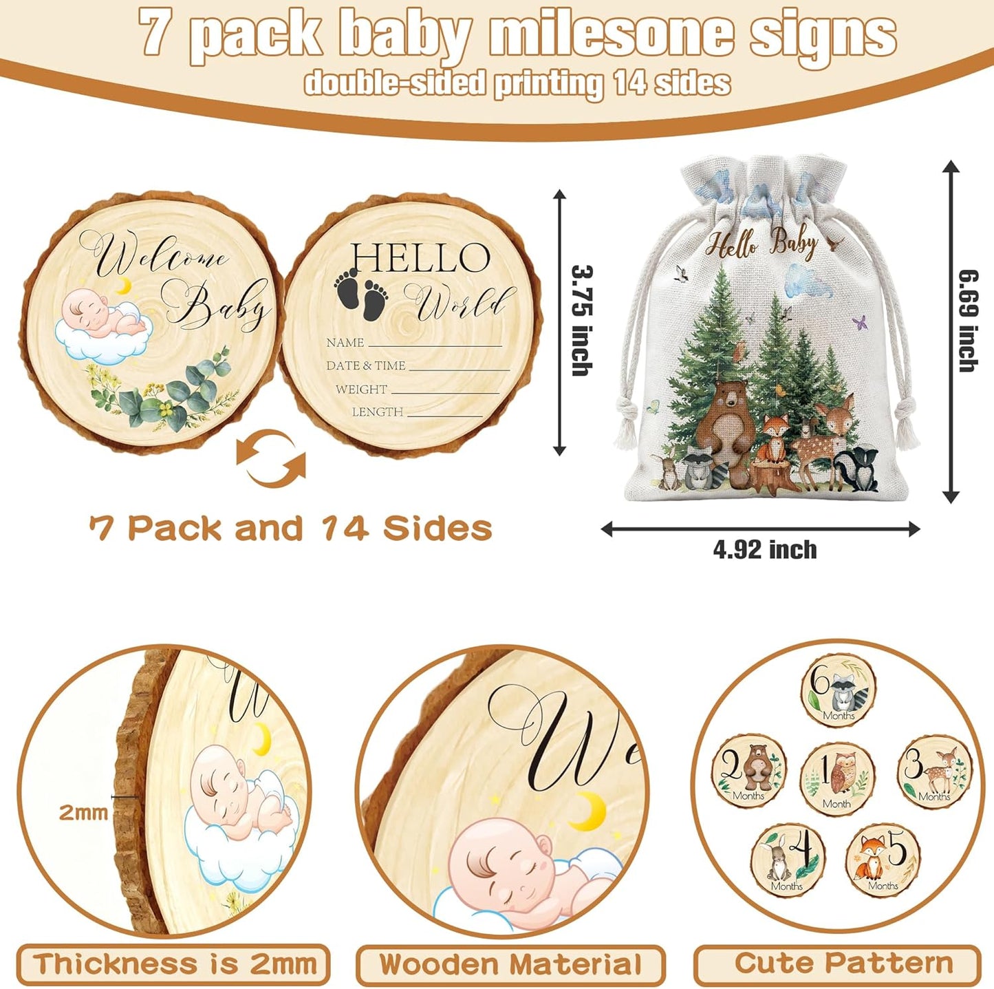 Uflashmi 7Pcs Woodland Baby Monthly Milestone Signs, Double Sided Wooden Months Baby Milestone Cards Markers for Girl