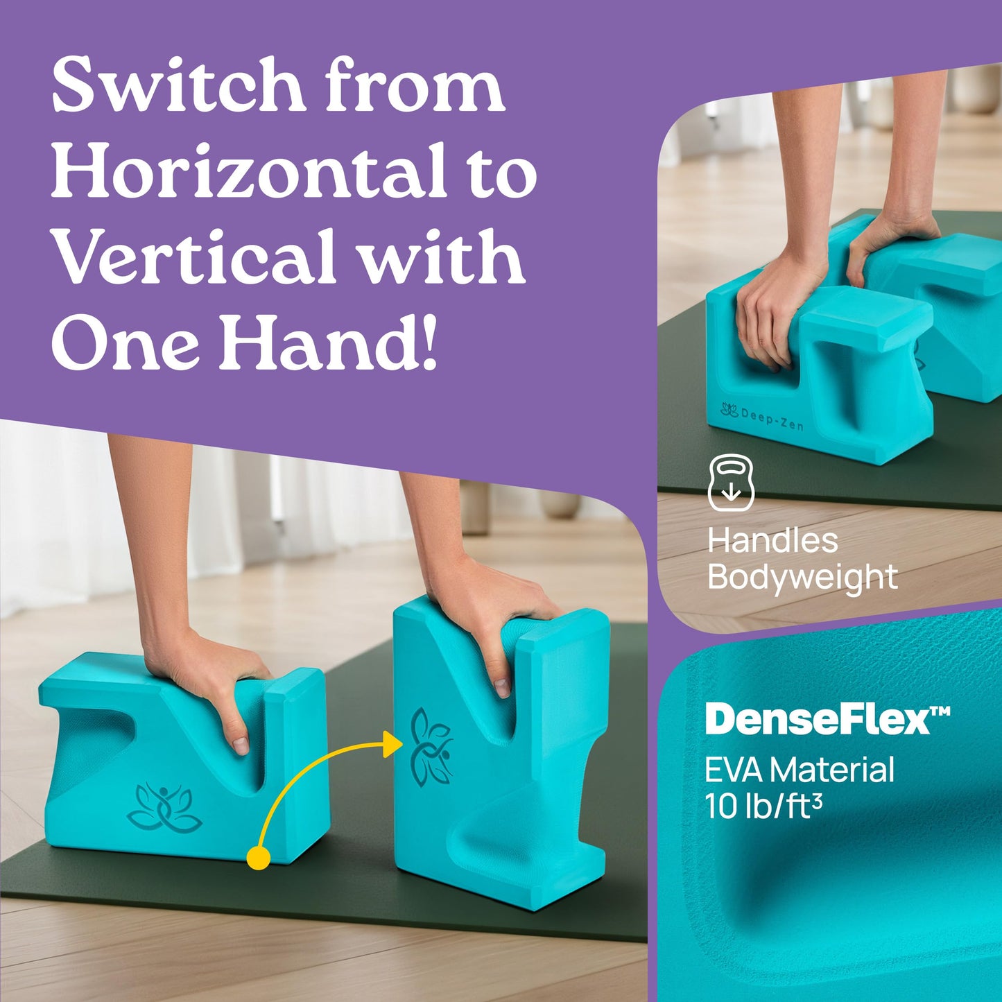 Deep-Zen PRO Yoga Blocks | Ergonomic Yoga Block 2 Pack for Wrist Comfort and Support | EVA Foam Exercise Blocks, 2x Knee Pads & Yoga Strap | Pilates Block Set | Bricks to Eliminate Wrist Pain (Blue)