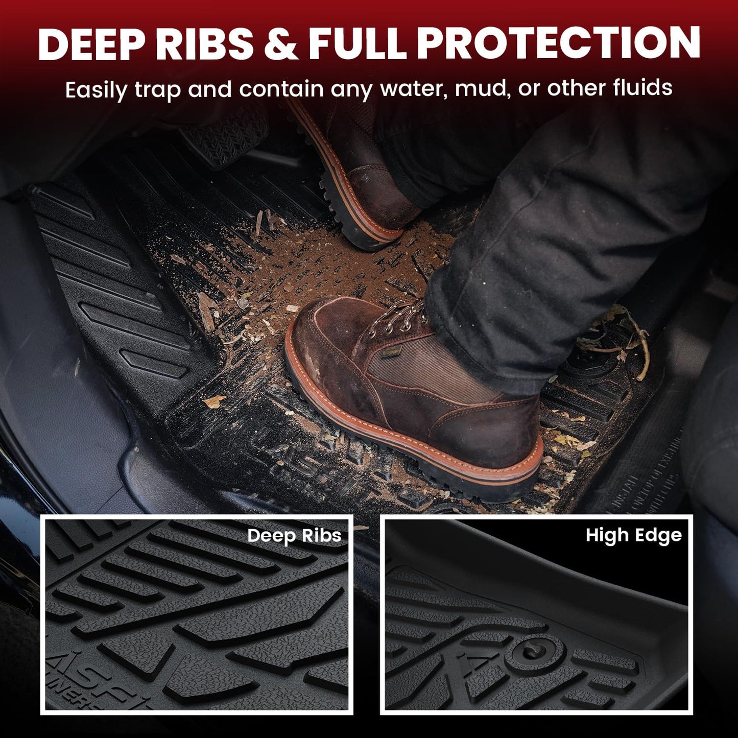 LASFIT Floor Mats for Ford F250 F350 F450 2017-2026 Crew Cab Front Bench Seat | Rear W/Fold-Flat Storage Carpet Floor Super Duty All Weather Protector TPE Car Floor Liner, 1st & 2nd Row, 2pcs Black