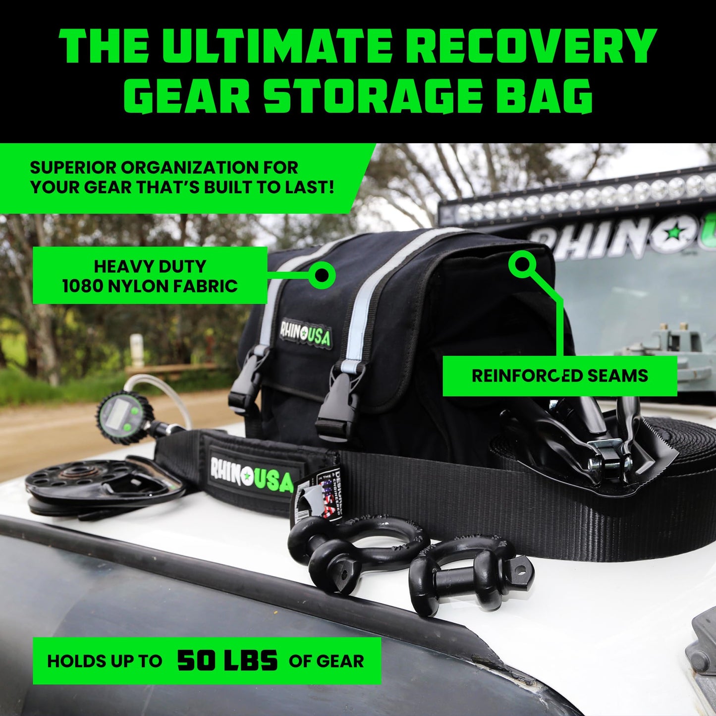 Rhino USA Recovery Gear Storage Bag (Black) - Ultimate Recovery Kit Bag for Organization in Your Vehicle - Use With Your Tow Strap, Shackles, Snatch Block or Anything You Desire - Guaranteed For Life!