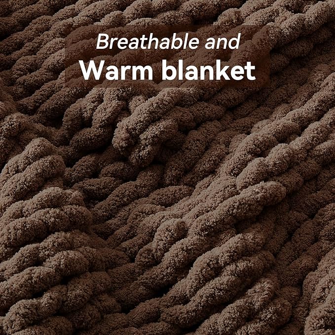 Negwoo Chunky Knit Throw Blanket, 80''*90'' Knitted Throw Chenille Yarn for Bed Couch, Handmade Dark Brown Crochet Big Thick Blanket, Machine Washable Cute Comfy Blanket for Home Decor