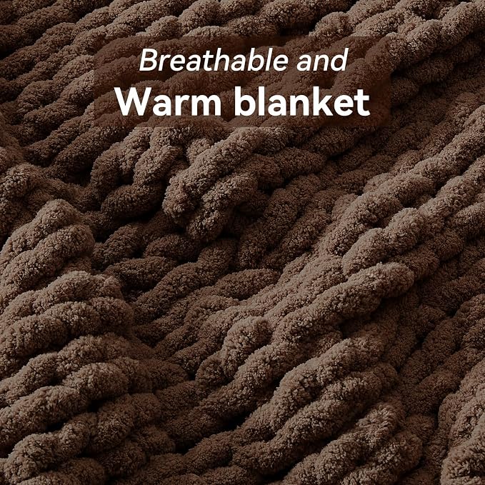 Negwoo Chunky Knit Throw Blanket, 50''*60'' Knitted Throw Chenille Yarn for Bed Couch, Handmade Dark Brown Crochet Big Thick Blanket, Machine Washable Cute Comfy Blanket for Home Decor