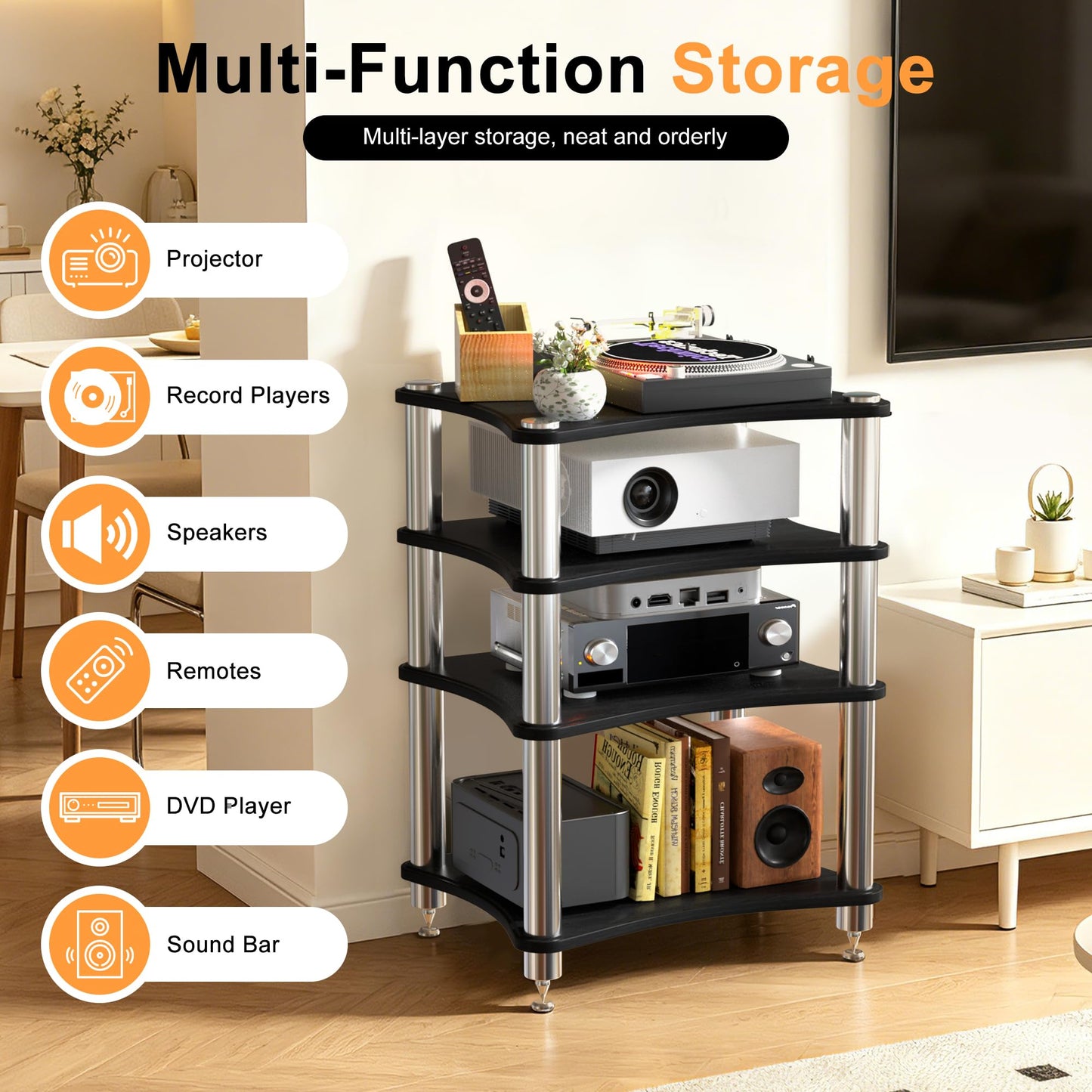 SQXLXDD 4 Tier Record Player Stand Media Cabinet, Corner Audio-Video Shelving for Entertainment, TV Stereo Stand Network Server Rack, Stereo Cabinet Media Shelf for Home Game Console DVD Player