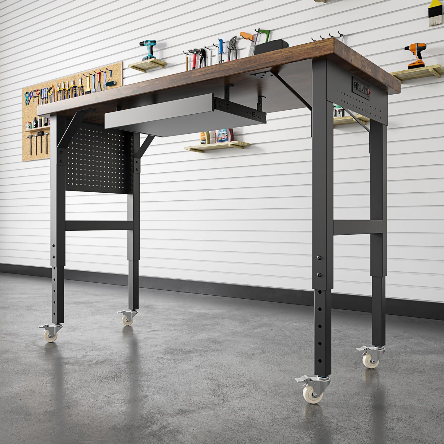 Heavy Duty Workbench Legs, 2000 LBS Load Metal Standing Desk Legs Height Adjustable 27.5“ to 40.5”, Features Lockable Wheels, Power Outlets, Pegboard and Drawers for Workshop, Office, Garage, Home