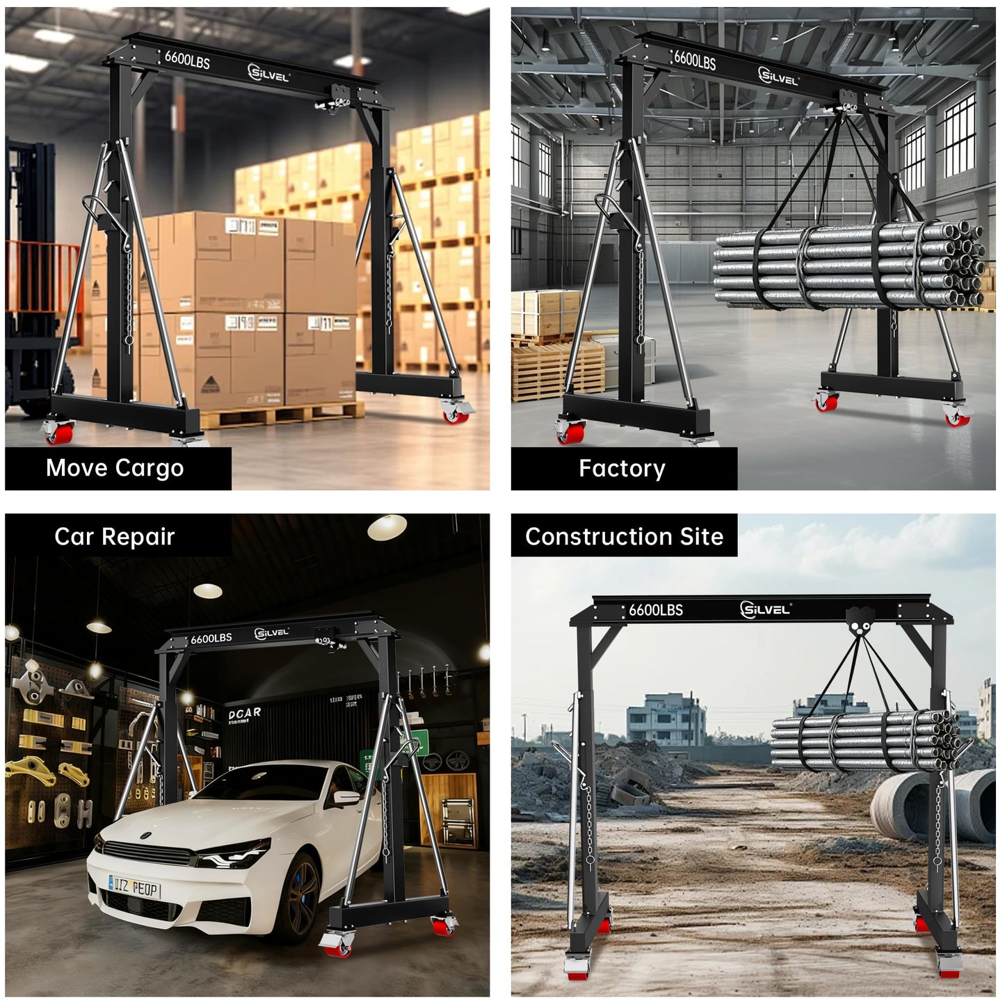SILVEL 3 Ton Gantry Crane, Max 6600Lbs 8.53FT Maximum Working Width, Adjustable Height 8.53-12.47FT, Portable Shop Lift Hoist with 3 Ton Manual Trolley for Factories, Warehouses, Garage,Black