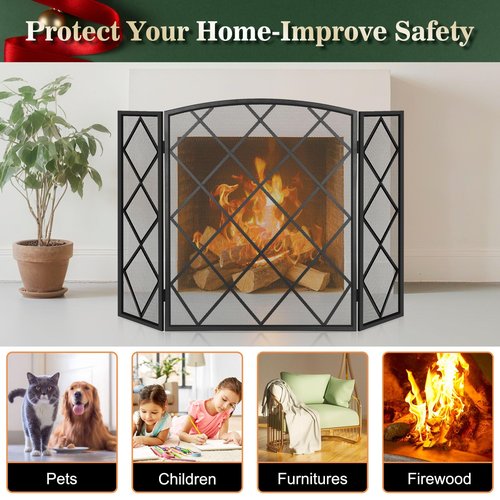 FEED GARDEN 3 Panel Fireplace Screen 48" W x 29" H Modern Foldable with Wrought Metal Decorative Mesh, Black