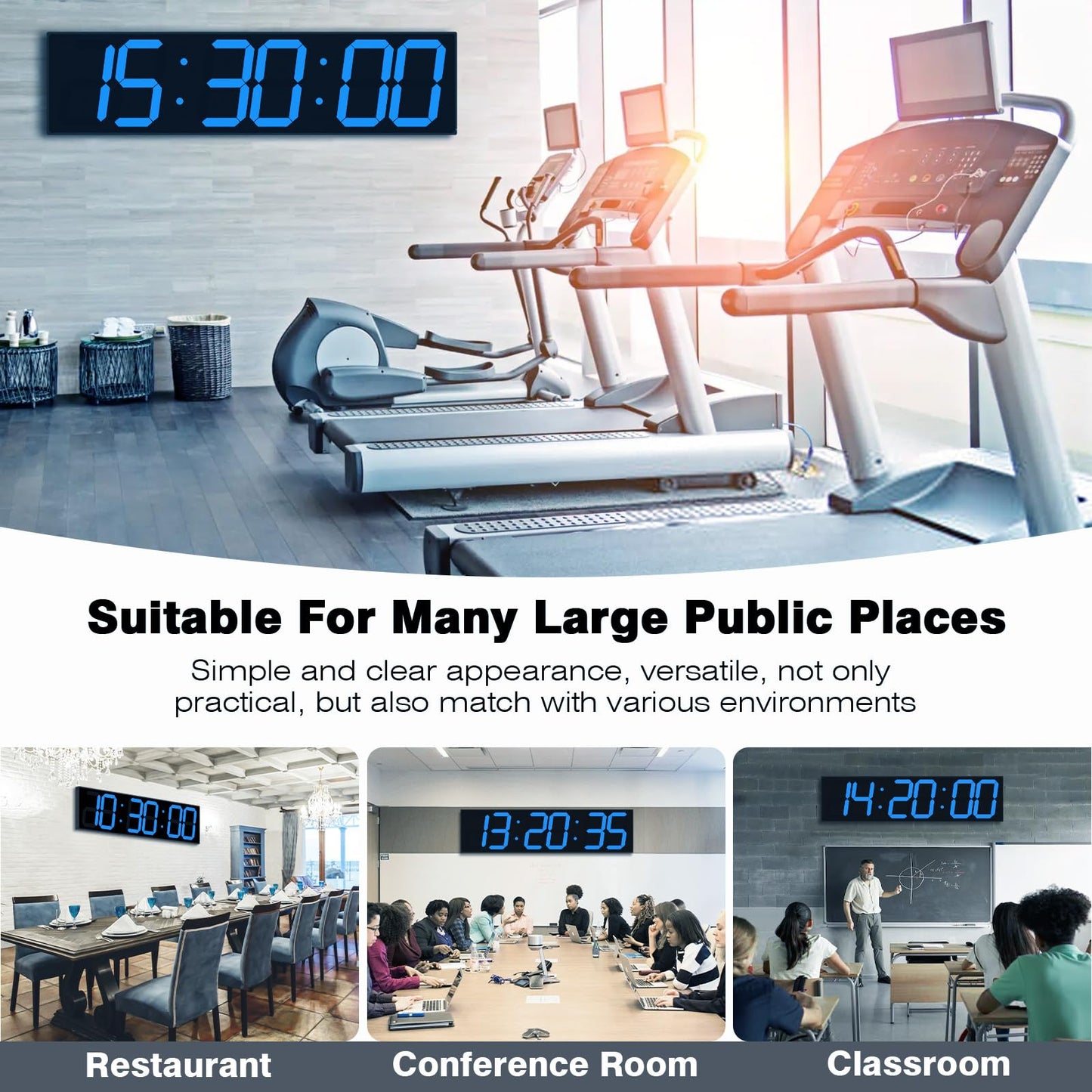 CHKOSDA Digital Wall Clock with Large Display, 28.4‘’LED 6-Digit Large Digital Clock with Adjustable Brightness, Multifunction Gym Clock with Countdown,Stopwatch and Workout Interval Timing (Blue)