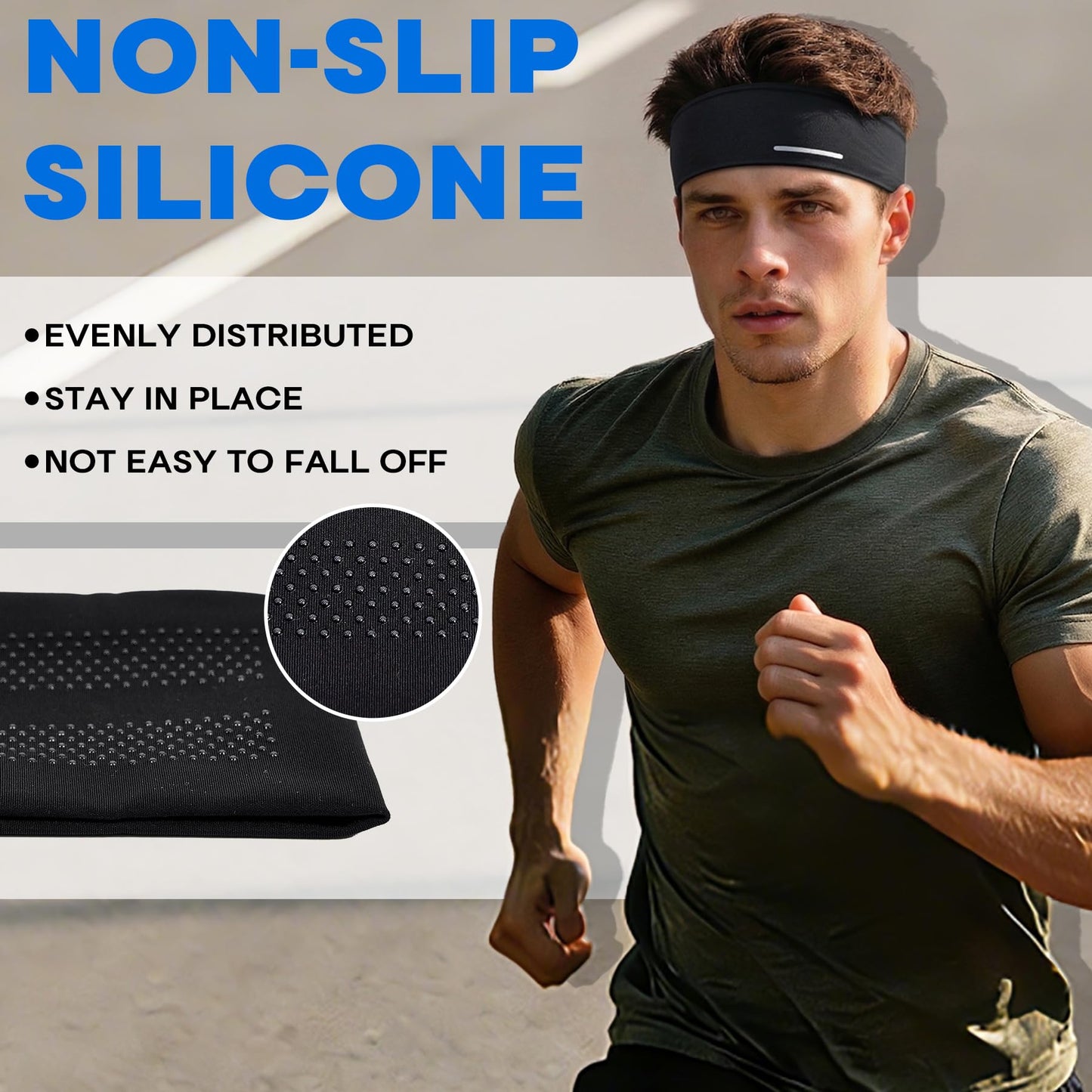 Sukeen Lightweight Sports Headbands for Men, Moisture Wicking Sweat Bands Headbands Non-Slip, Reflective Elastic Mens Headband for Running, Cycling, Gym, Fitness, Sports, Black