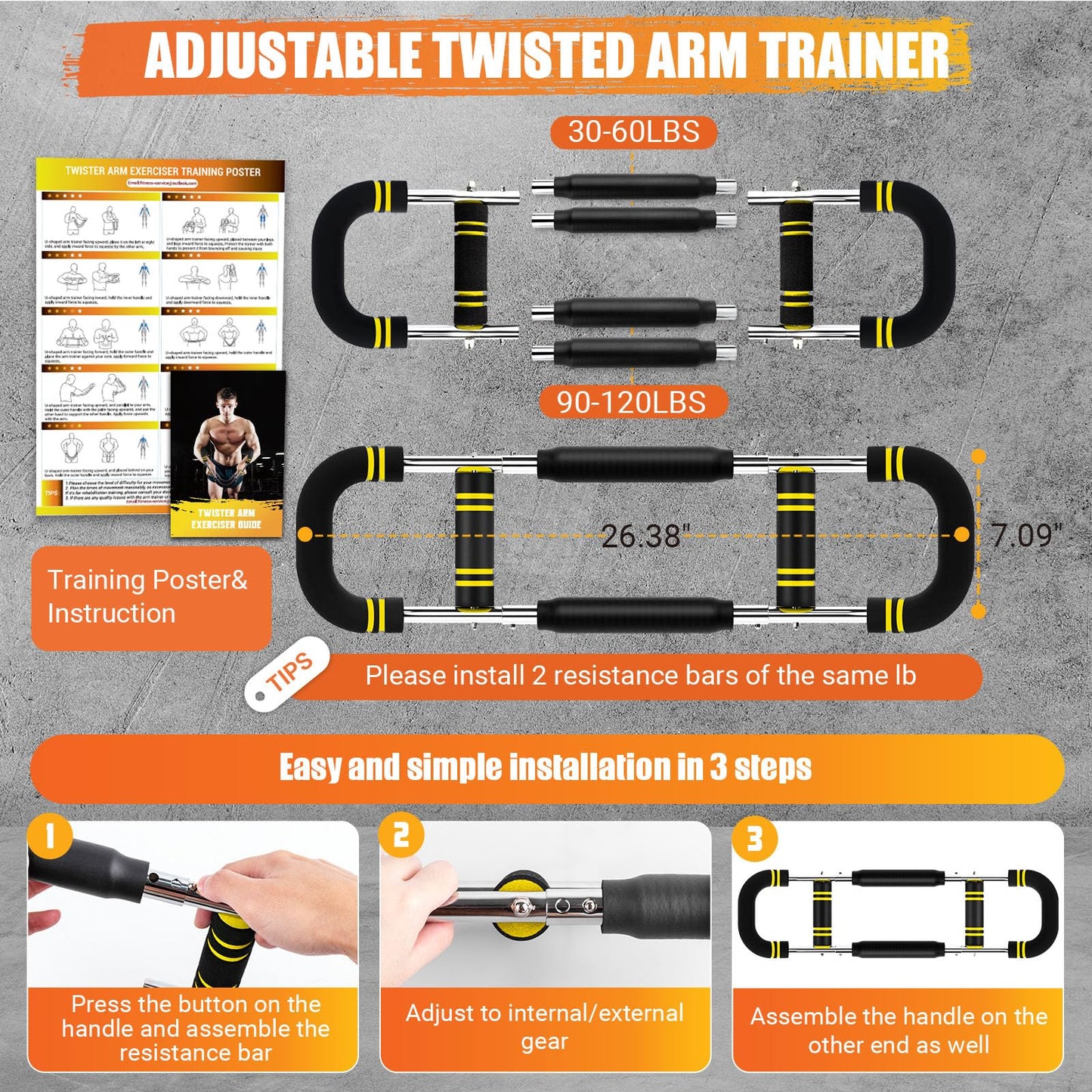 Twister Arm Trainer for Men, 6 Adjustable Resistance Levels(30-120 lb) Chest Trainer with 4 Spring & Training Poster, Chest Workout Equipment for Chest Clip Muscle & Arm Strength