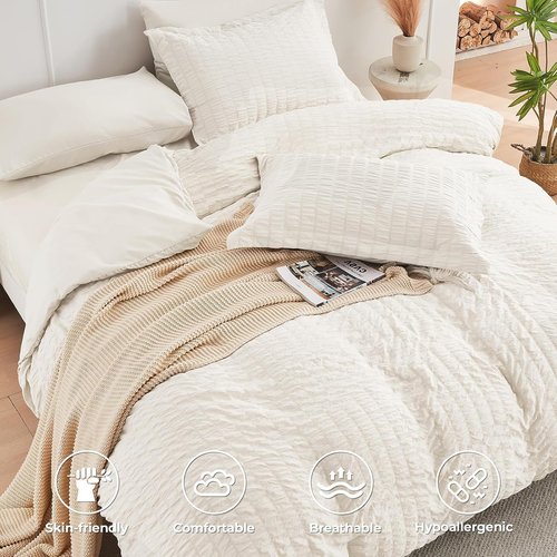 HYMOKEGE King Size Comforter Set - Luxurious Ivory Seersucker 7-Piece Bedding Set for All Seasons