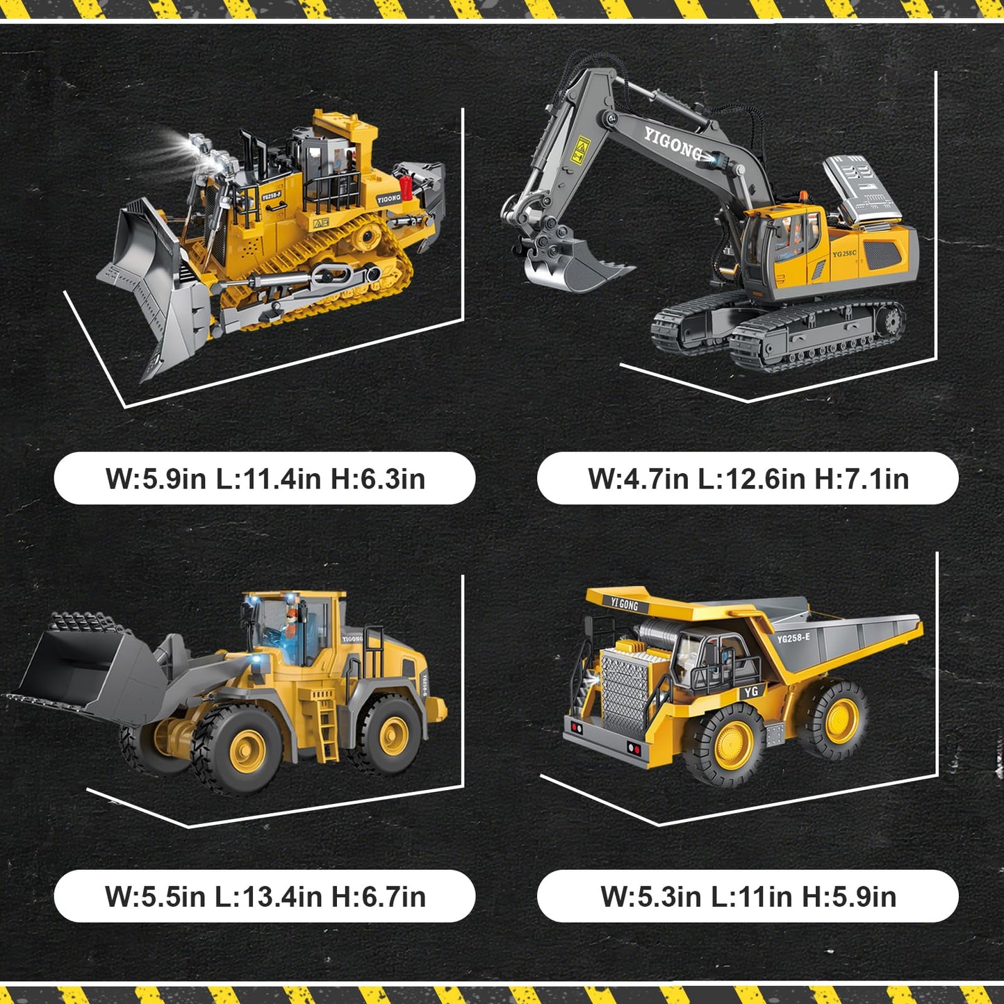 ADTHLIER Remote Control Excavator (11-Channel), Dump Truck, Bulldozer, Loader (9-Channel), 2.4GHz Remote Control Construction Vehicles, Metal Construction, with Cool Lights and Sound Effects, 4-Pcs