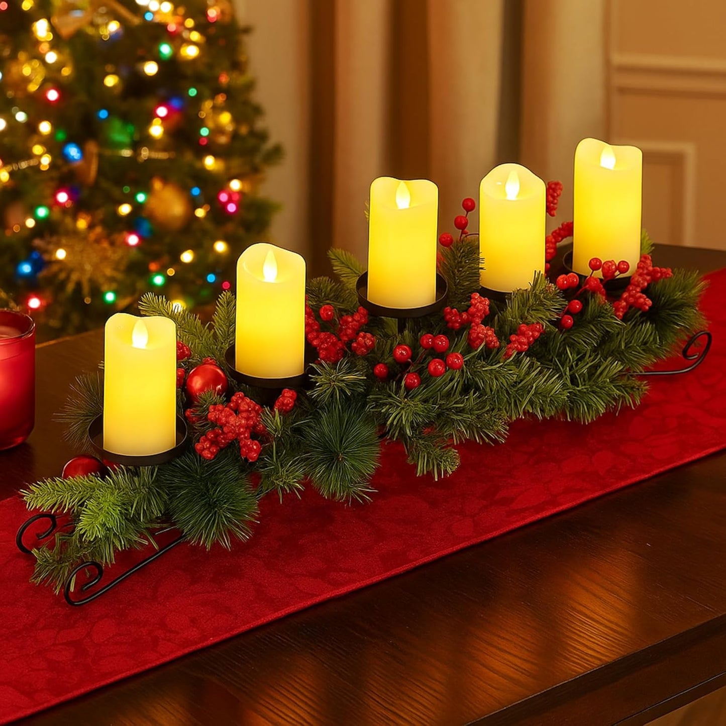 Yungyan Christmas Tabletop Centerpiece - 30 Inch with 5 Candle Holders, Norfolk Branch & Red Berries