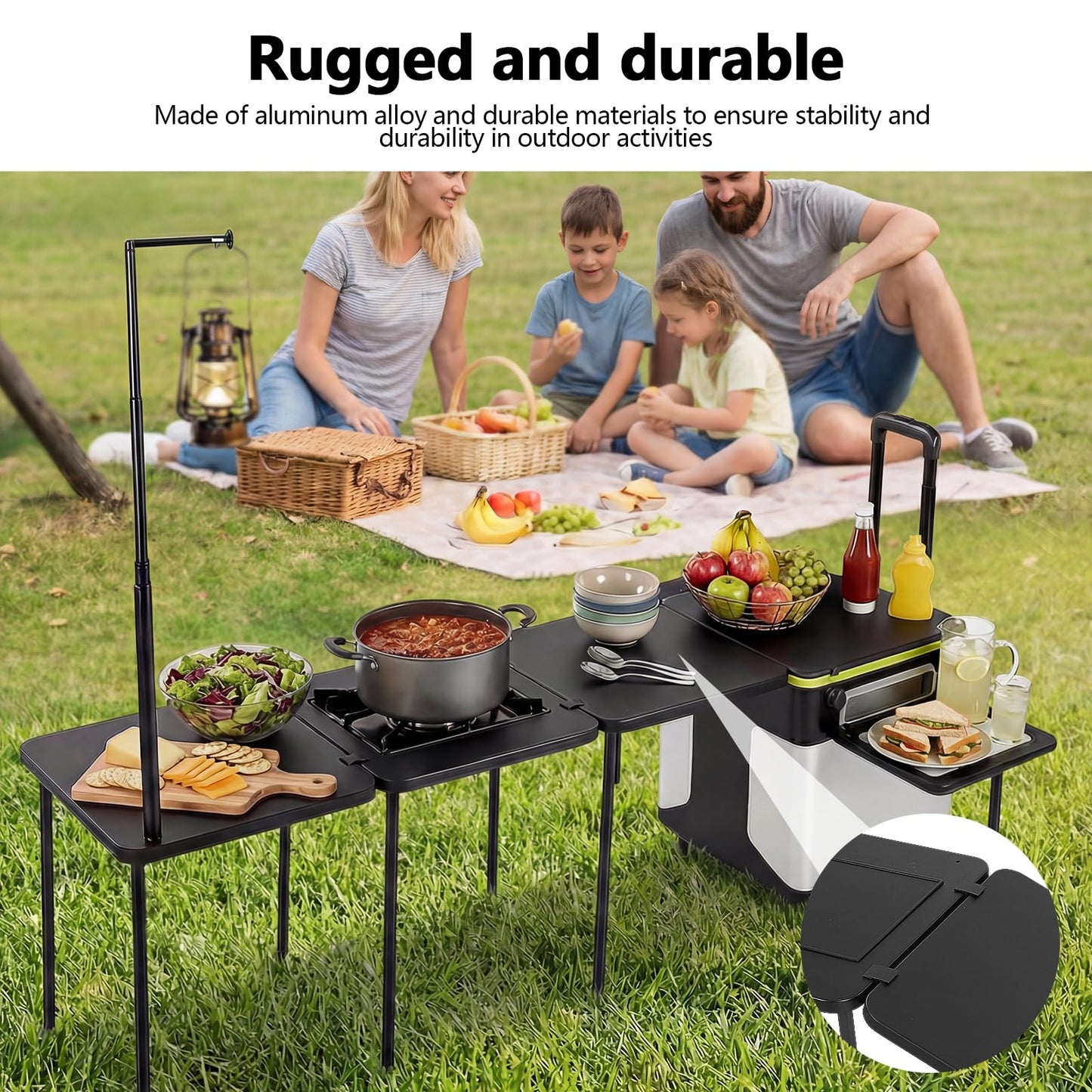 Outdoor Grill Cart Table with Wheels Portable Folding Camp Cook Station with Light Poles for Picnic Party Beach BBQ Cooking Indoor